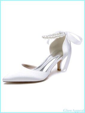 Pearl Kitten Heel Satin Wedding Shoes with Bow Low Heels